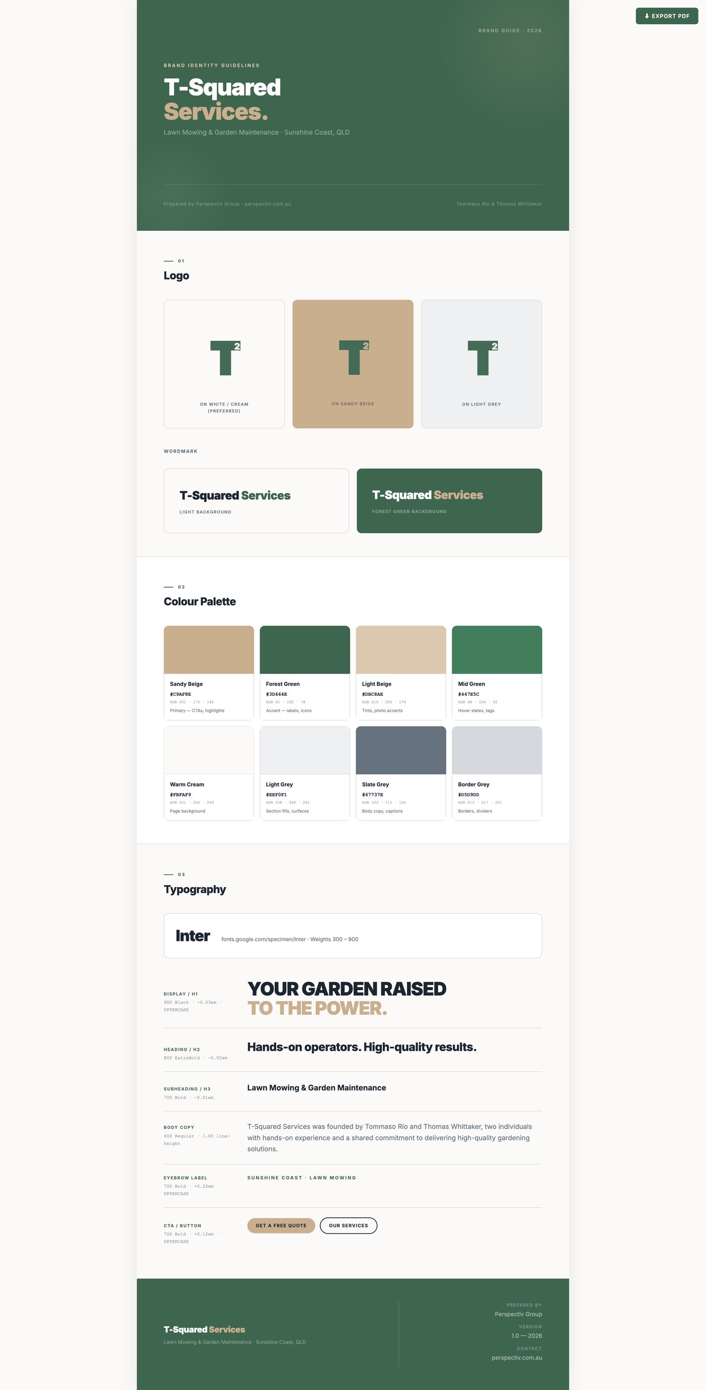 T-Squared brand guide — logo system, colour palette, and typography specimens.