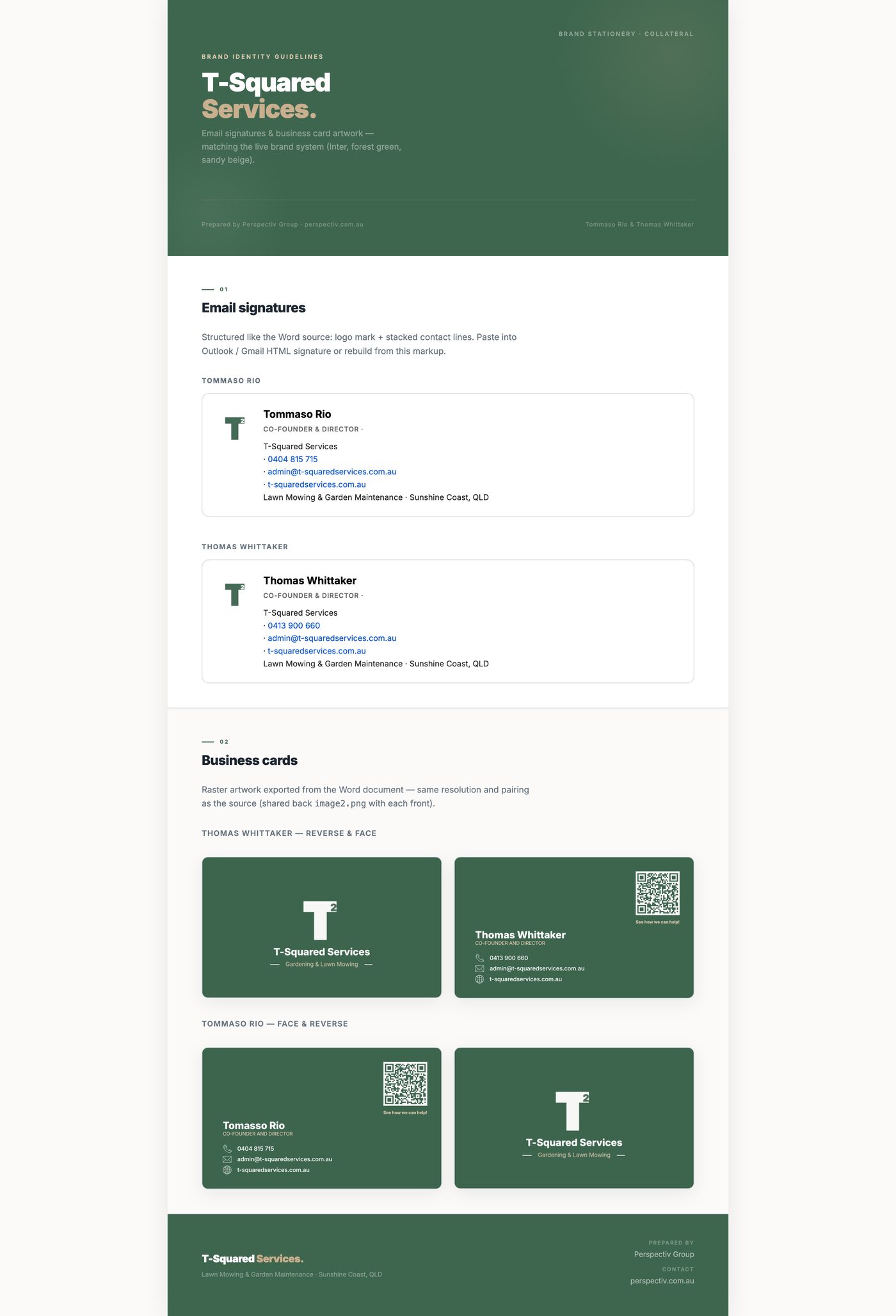 T-Squared stationery — email signatures and business card artwork for both founders.