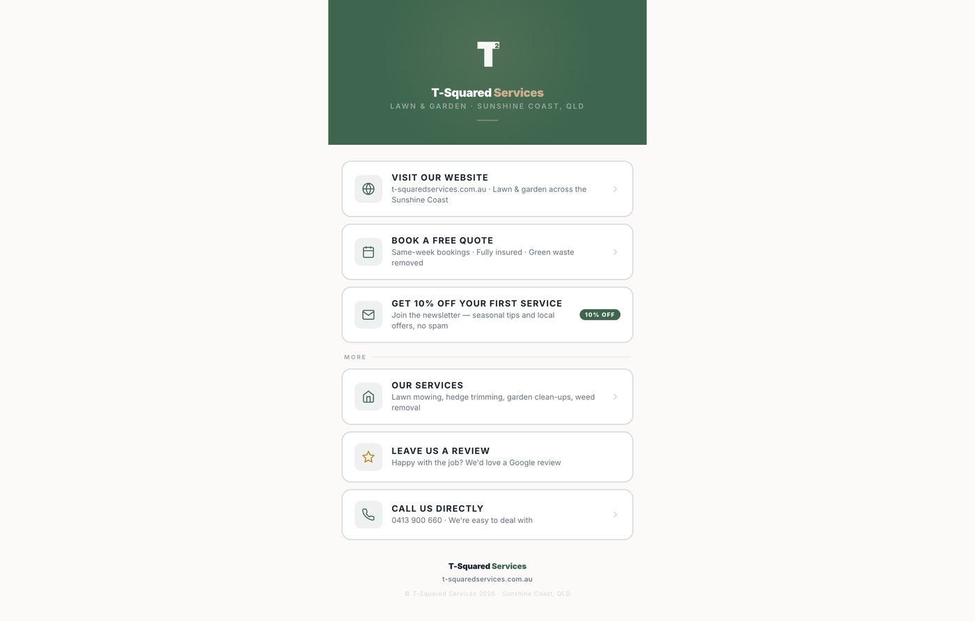 T-Squared bio link page — single-URL hub for every campaign.